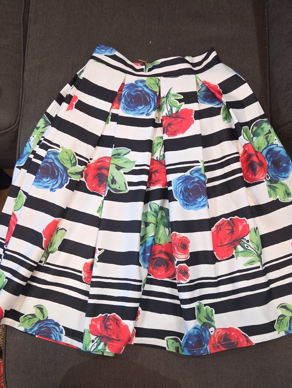 Floral Stripe Midi Skirt - Red & Blue Roses
